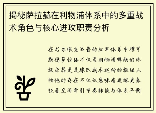 揭秘萨拉赫在利物浦体系中的多重战术角色与核心进攻职责分析 揭秘萨拉赫在利物浦体系中的多重战术角色与核心进攻职责分析