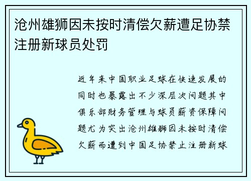 沧州雄狮因未按时清偿欠薪遭足协禁注册新球员处罚 沧州雄狮因未按时清偿欠薪遭足协禁注册新球员处罚